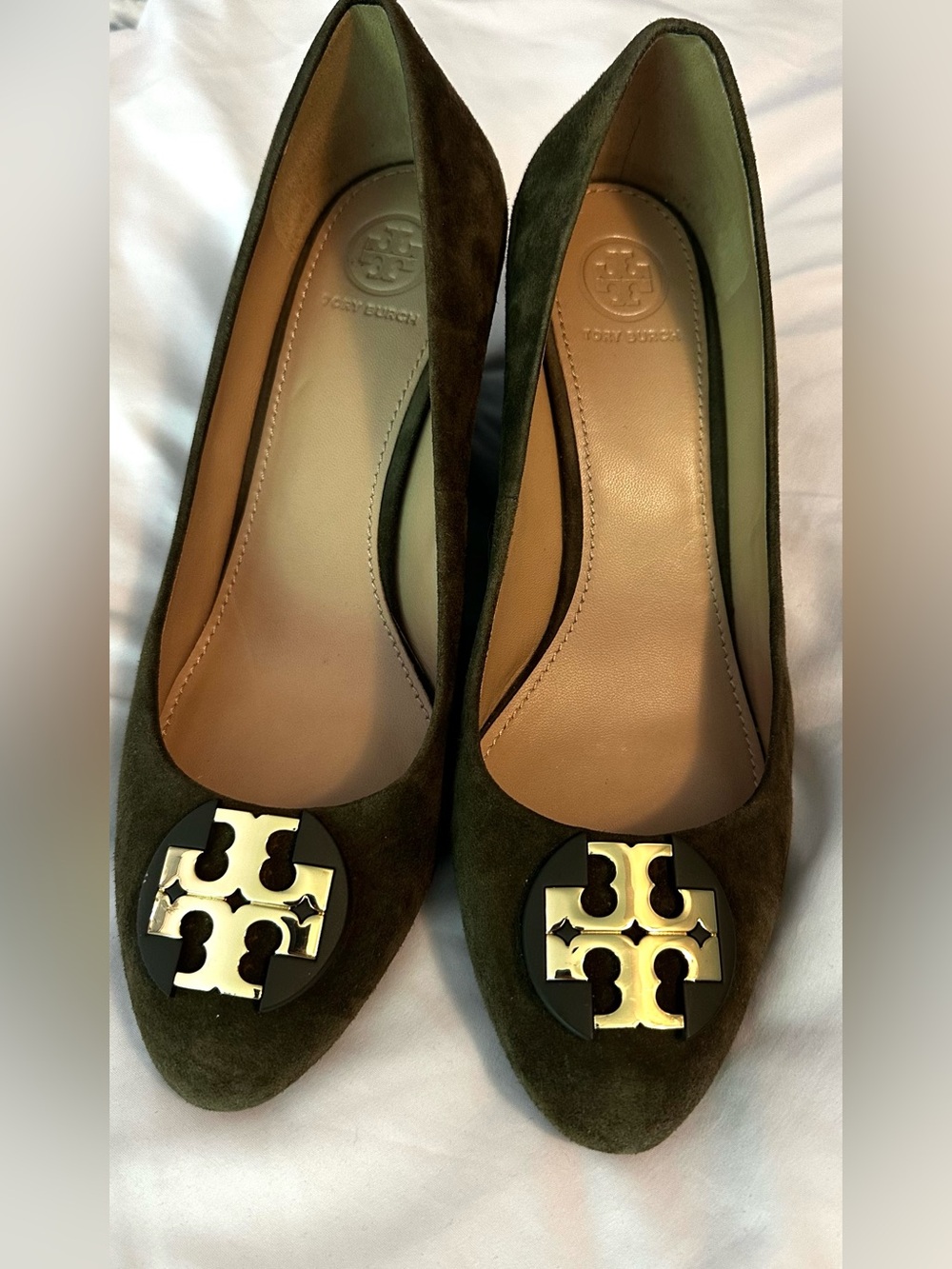 Tory Burch Olive Suede Logo wedge Pump with Gold Emblem